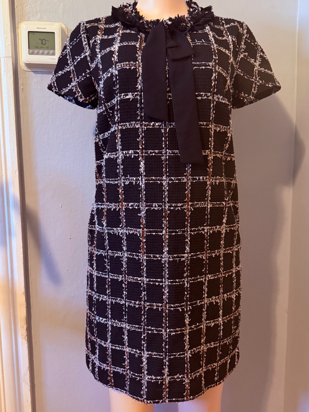 CeCe Black Windowpane Tweed Shift Dress with Bow Neck Tie